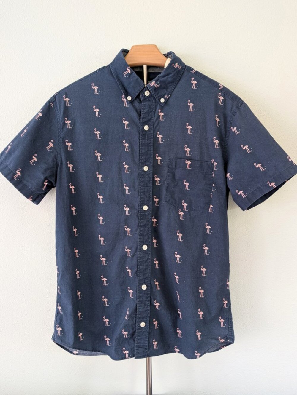 J Crew Mens Slim Fit Flamingo Print Short Sleeve Button Up Shirt Blue Size M